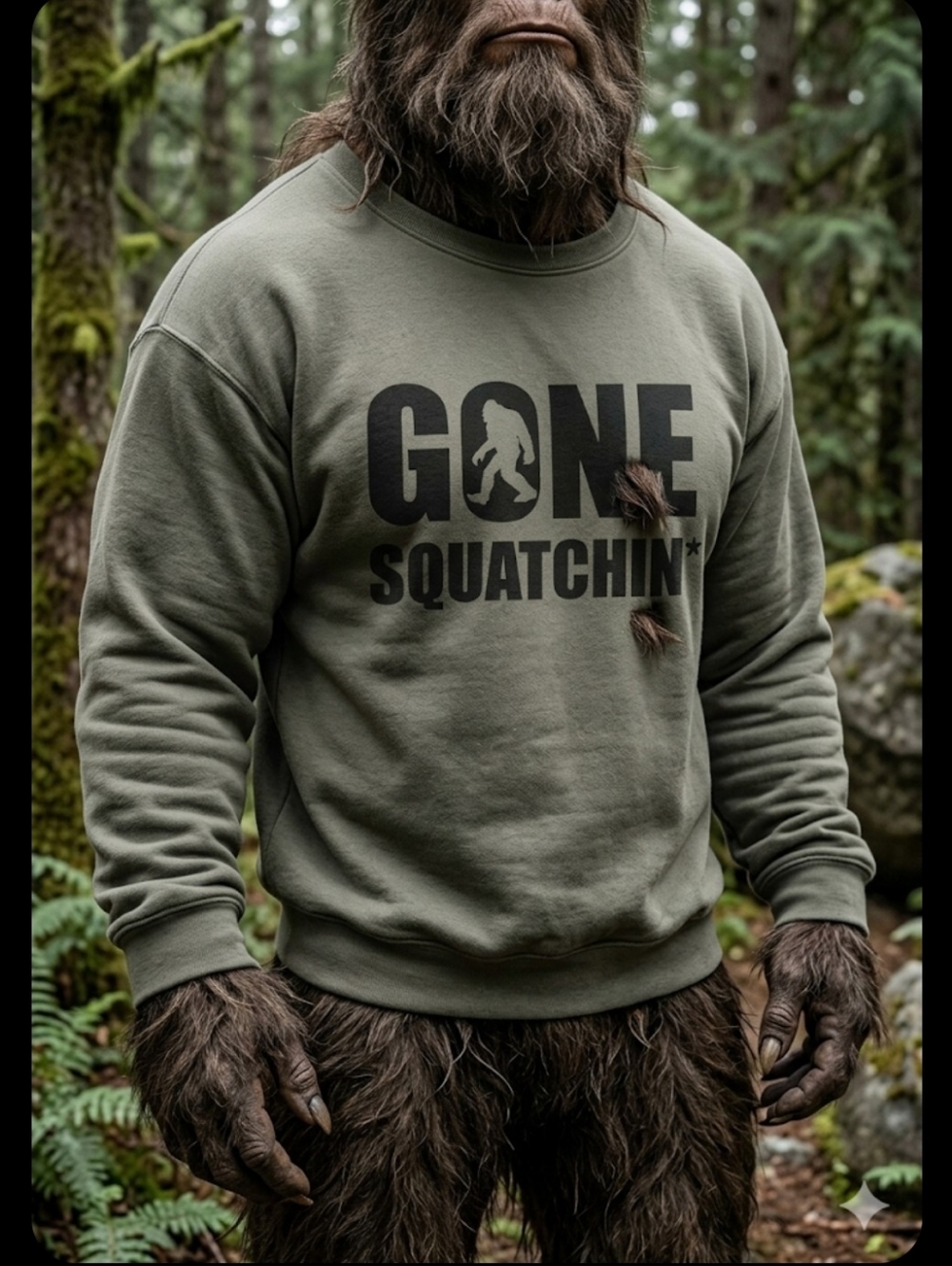 "Gone Squatchin" Sweatshirt Mens 3XL Olive Green Pullover Sasquatch No Holes